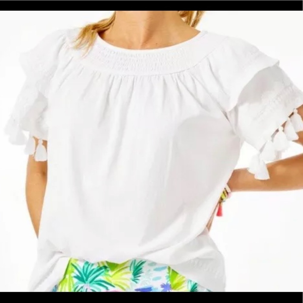 $98 NEW Lilly Pulitzer NAILAH TOP Lilly’s Resort White  Tassel Embroidery-LARGE